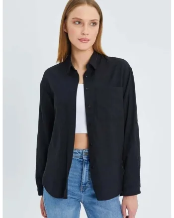 Camasa dama,  camasa cu maneca lunga, buzunar, negru, textil