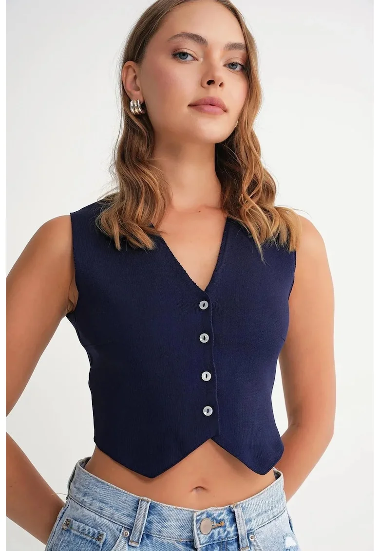 Vesta dama,  Scurta, Decolteu in V, Albastru marin, Tricot,