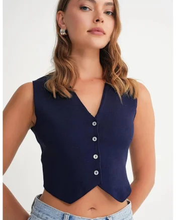 Vesta dama,  Scurta, Decolteu in V, Albastru marin, Tricot,