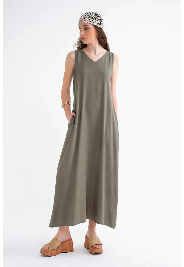 Rochie Maxi,  Fara Maneci, Guler in V, Gri, Textil