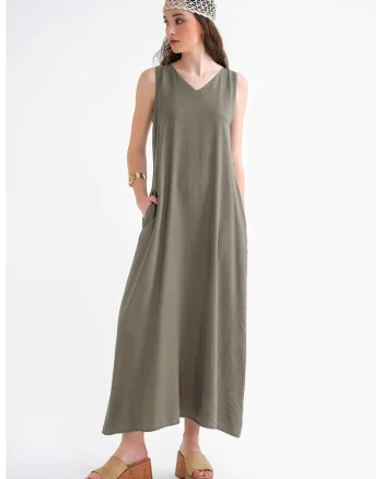 Rochie Maxi,  Fara Maneci, Guler in V, Gri, Textil