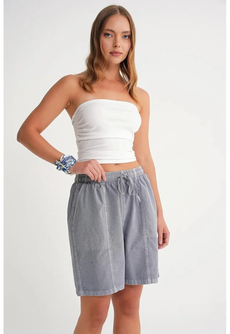 Pantaloni scurti dama,  mini din bumbac, talie inalta, gri ardezie