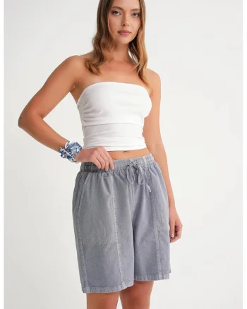 Pantaloni scurti dama,  mini din bumbac, talie inalta, gri ardezie