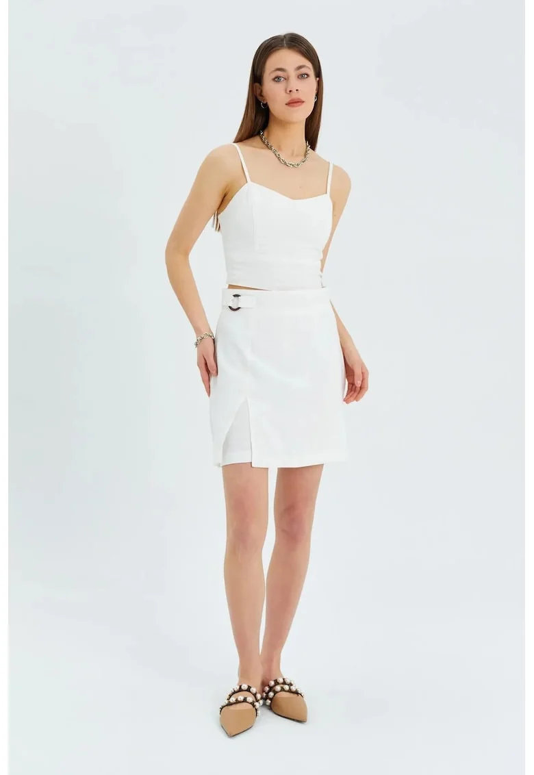Fusta mini  cu slit, ivory, textil