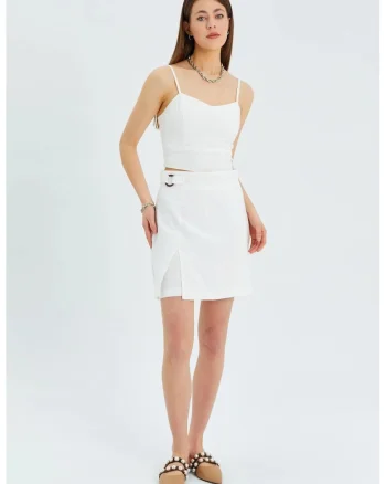 Fusta mini  cu slit, ivory, textil