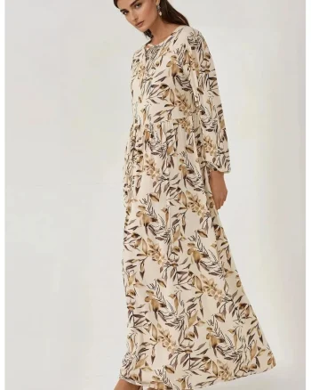 Rochie maxi  maneca lunga, imprimeu floral, bej, viscoza