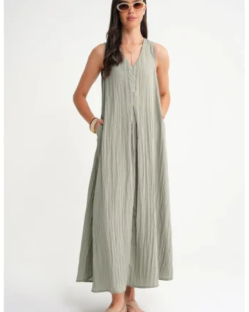 Rochie Maxi  Decolteu in V, Verde salvie, Textil