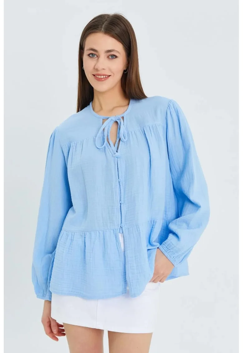 Camasa dama,  bluza cu maneca lunga, croiala relaxata, albastru deschis, textil