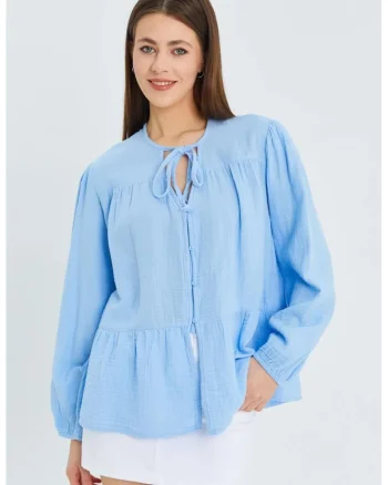 Camasa dama,  bluza cu maneca lunga, croiala relaxata, albastru deschis, textil