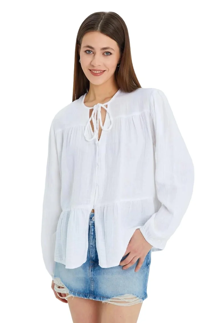 Camasi dama,  bluza cu maneca lunga, croiala lejera, alb, textil