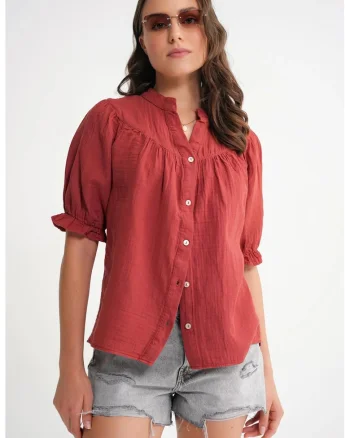 Camasa dama,  camasa cu maneca scurta, rosu caramiziu, amestec de in