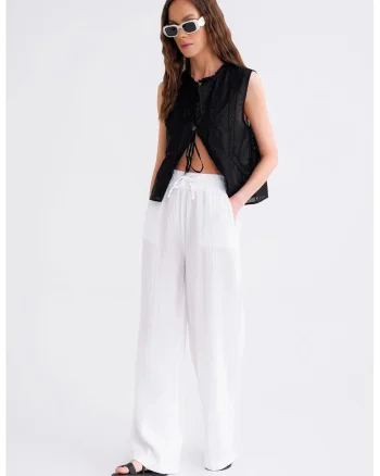 Pantaloni dama,  High Waist Texturati, Alb, Textil