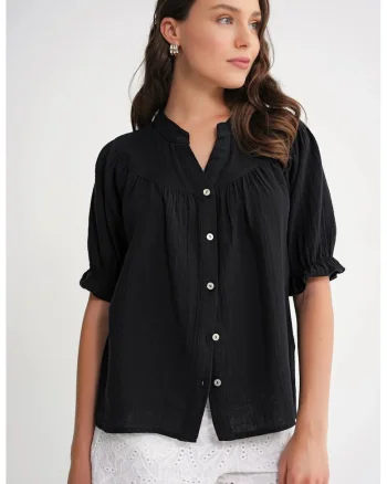 Camasa dama,  camasa cu maneca scurta, negru, amestec de in