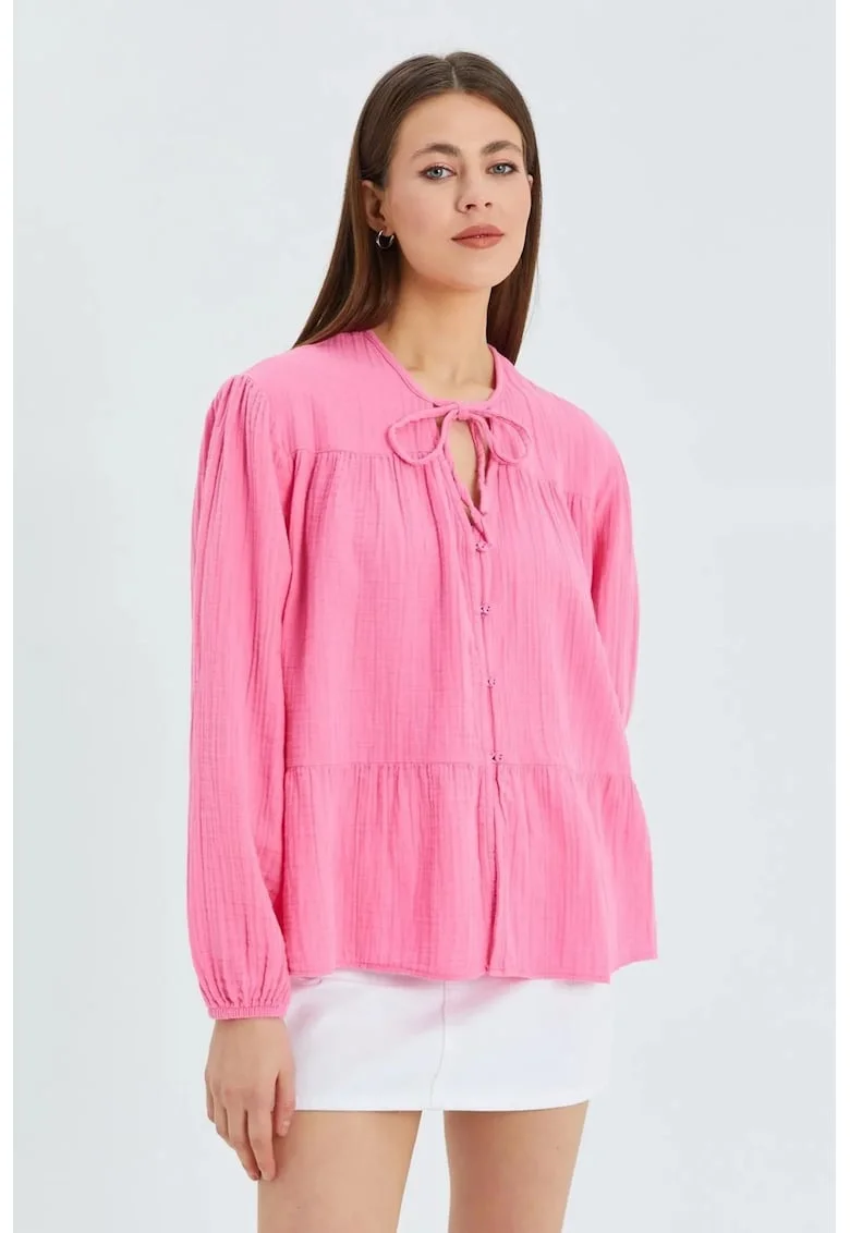 Camasa dama,  bluza cu maneca lunga, croiala lejera, roz pudrat, textil