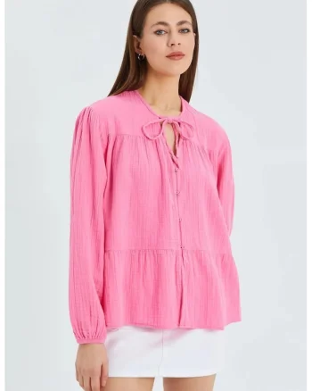 Camasa dama,  bluza cu maneca lunga, croiala lejera, roz pudrat, textil