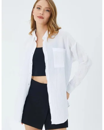 Camasa dama,  camasa oversize, detaliu buzunar, alb, textil