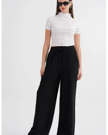 Pantaloni dama,  talie inalta, textil, negru, muselina texturata