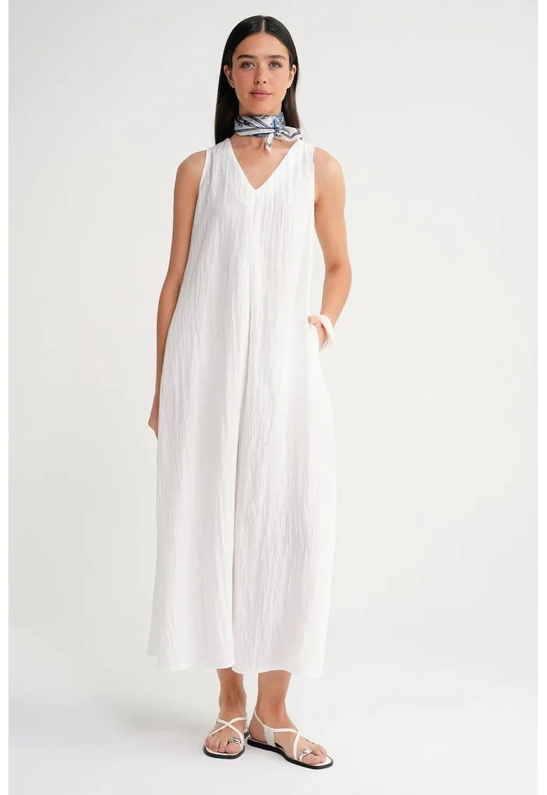 Rochie Maxi,  decolteu in V, Alb, Textil