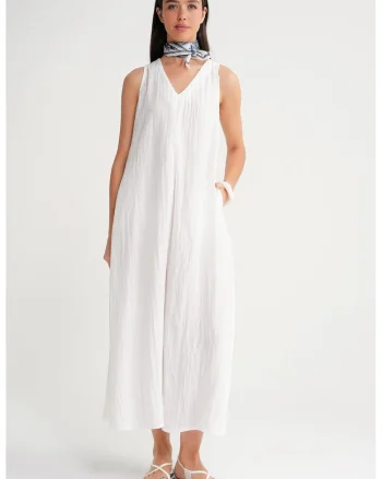 Rochie Maxi,  decolteu in V, Alb, Textil