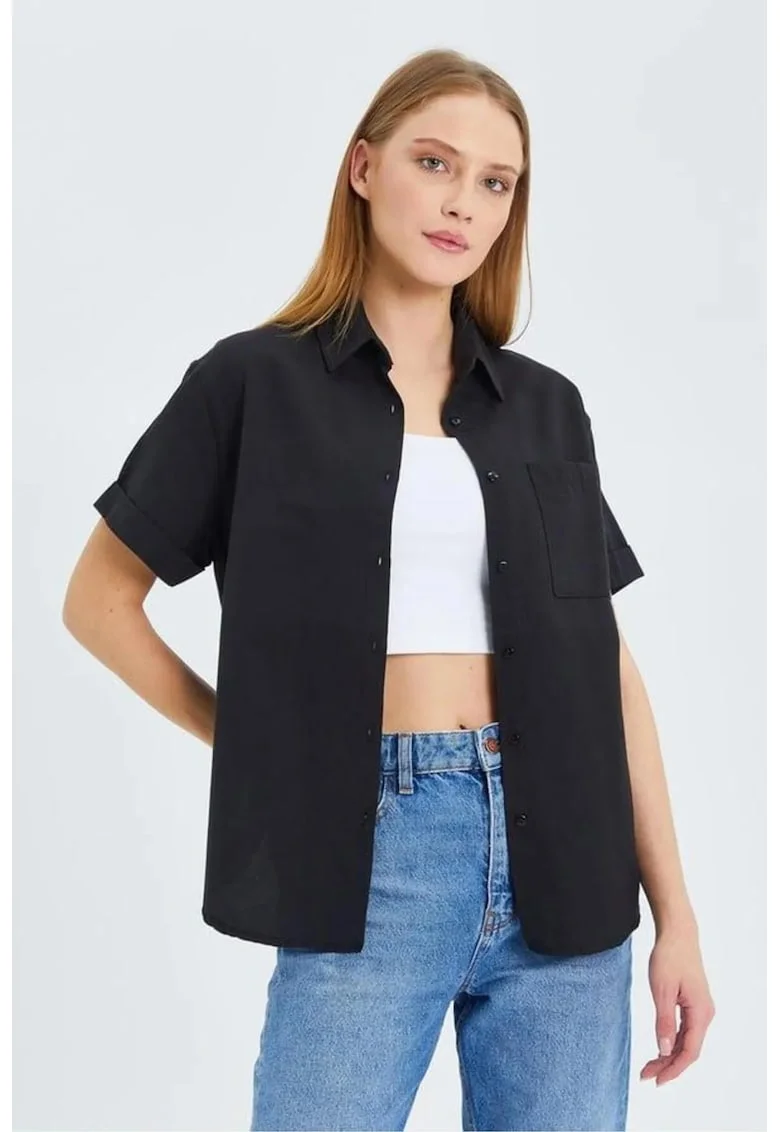 Camasa dama,  camasa poplin Slim Fit cu buzunar, negru, textil