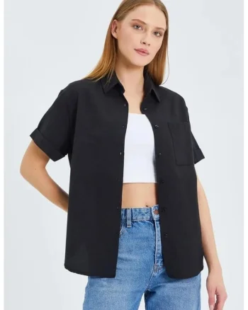 Camasa dama,  camasa poplin Slim Fit cu buzunar, negru, textil