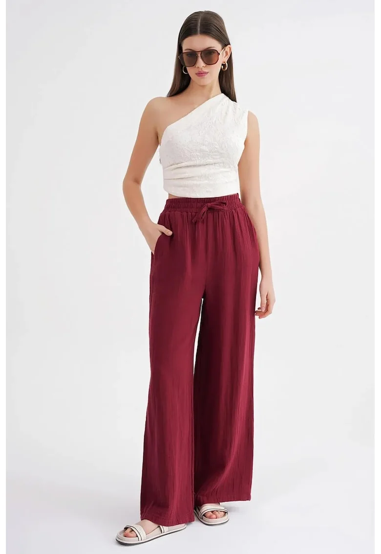 Pantaloni dama,  talie inalta, textil, rosu burgundy, muselina texturata