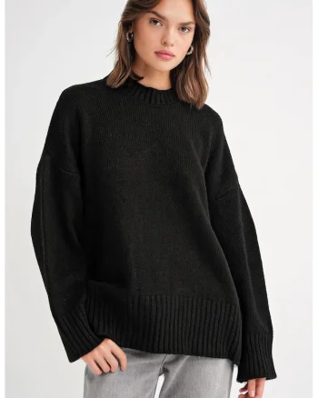Pulover dama,  tricotat, supradimensionat, guler rotund, negru, textil,