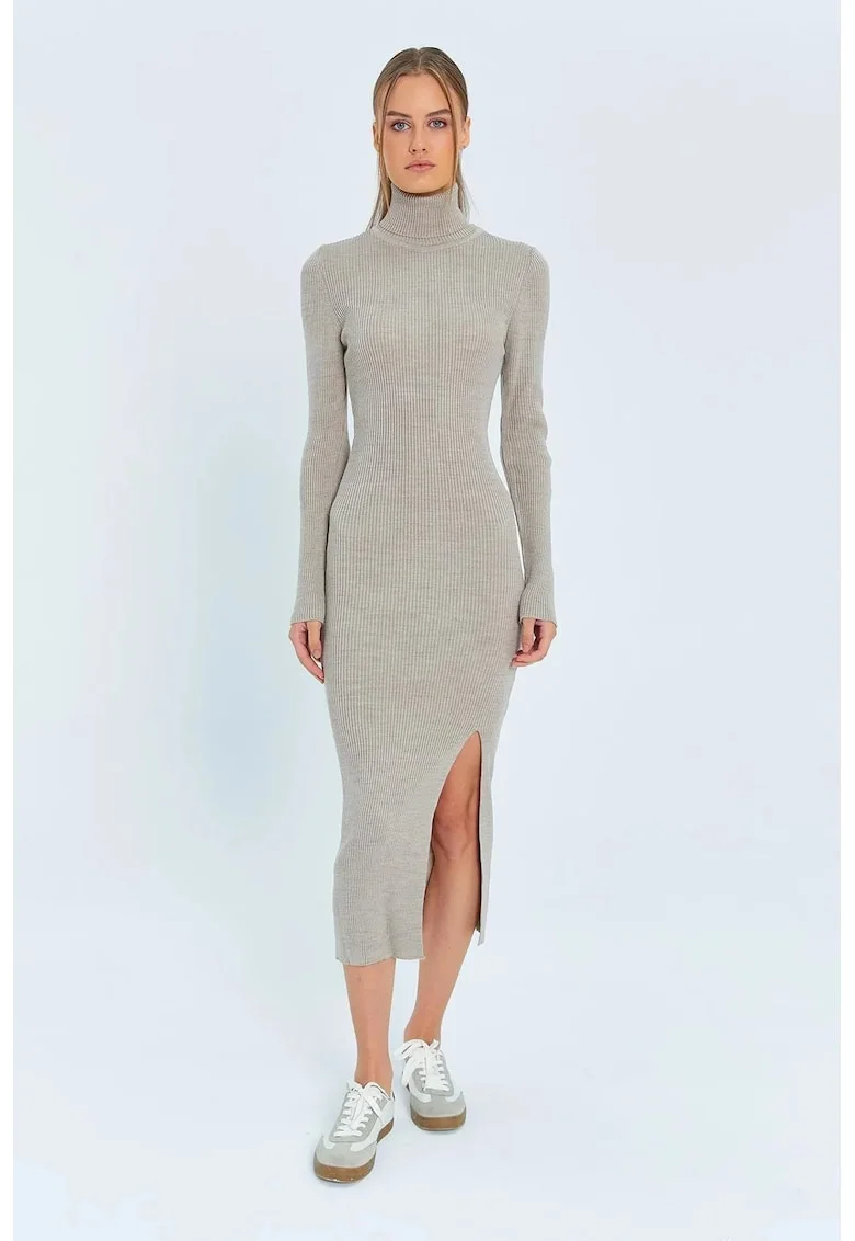 Rochii,  Rochie tricotata midi cu guler si slit, Stone Natural, tricot