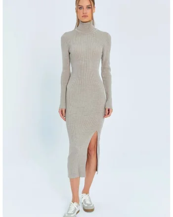 Rochii,  Rochie tricotata midi cu guler si slit, Stone Natural, tricot