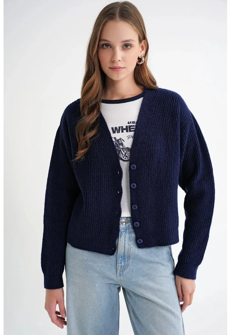 Cardigan dama,  texturat, albastru marin, tricot, croiala lejera,
