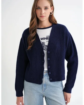 Cardigan dama,  texturat, albastru marin, tricot, croiala lejera,
