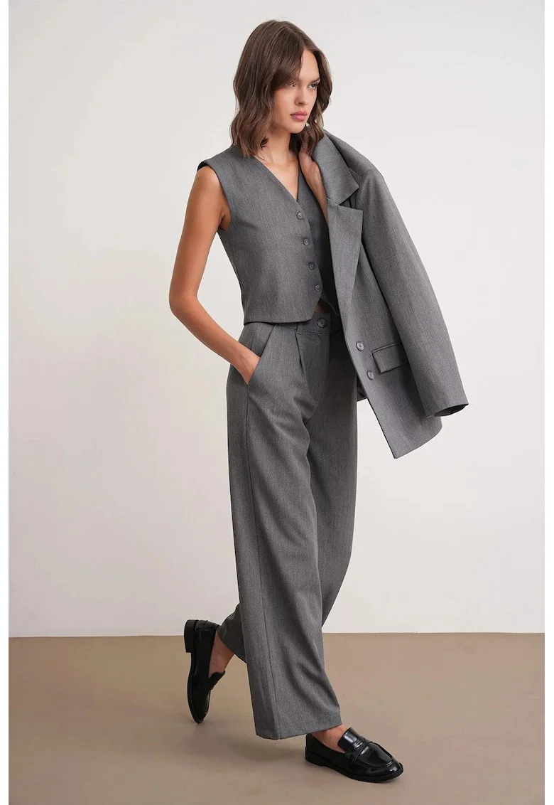 Pantaloni dama,  Palazzo plisati, cu buzunare, gri inchis, textil