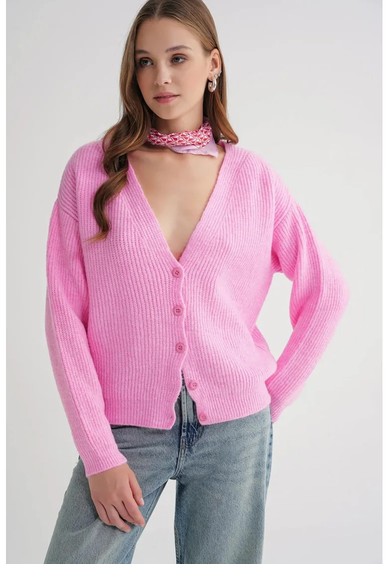 Cardigan,  cu nasturi, decolteu in V, roz pudrat, tricot,