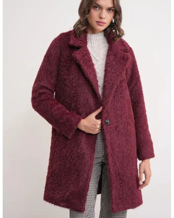 Palton lung texturat,  guler de jacheta, rosu burgund, textil