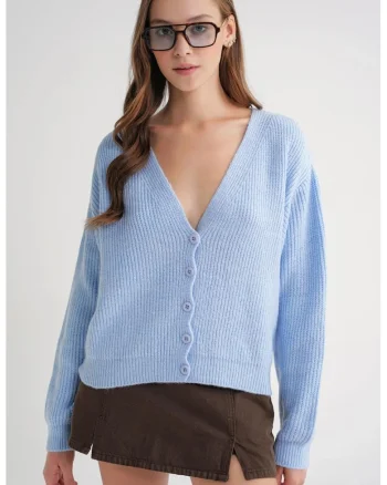 Cardigan dama,  cu nasturi, decolteu in V, albastru deschis, tricot,