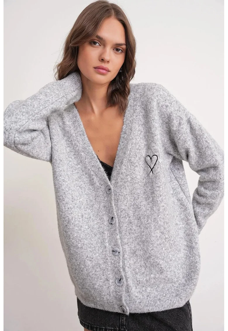 Cardigan tricotat,  supradimensionat, decolteu in V, gri,