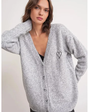 Cardigan tricotat,  supradimensionat, decolteu in V, gri,