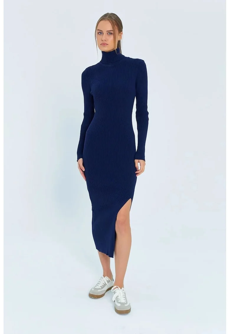 Rochie tricotata,  midi cu guler inalt, albastru marin, tricot