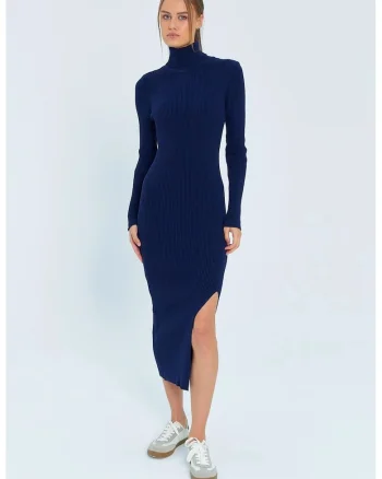 Rochie tricotata,  midi cu guler inalt, albastru marin, tricot