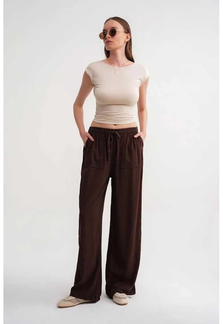 Pantaloni dama,  talie elastica, picior drept, maro cafea, textil