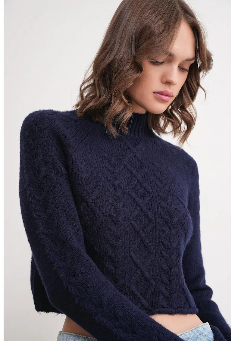 Pulover dama,  Textil, Albastru marin, Guler inalt,