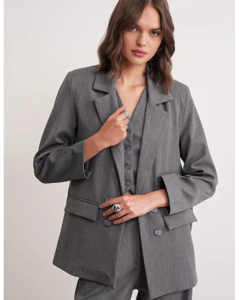 Sacou dama  gri inchis, maneca lunga, cu buzunare, textil