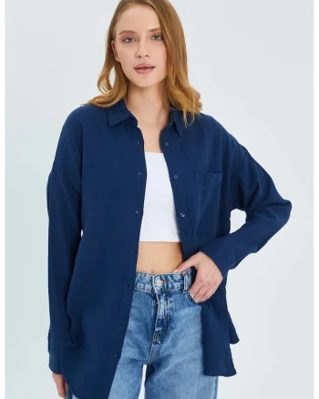 Camasa dama,  camasa supradimensionata, albastru marin, textil