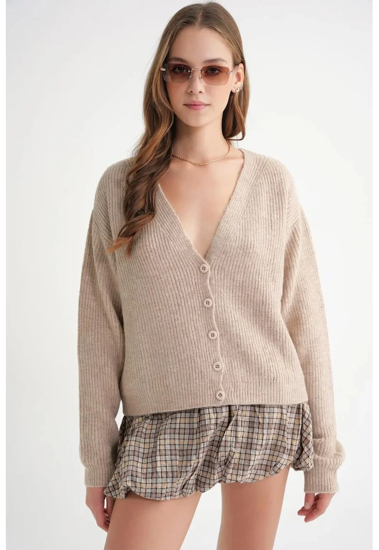 Cardigan dama,  cu nasturi, decolteu in V, bej natural, tricot,