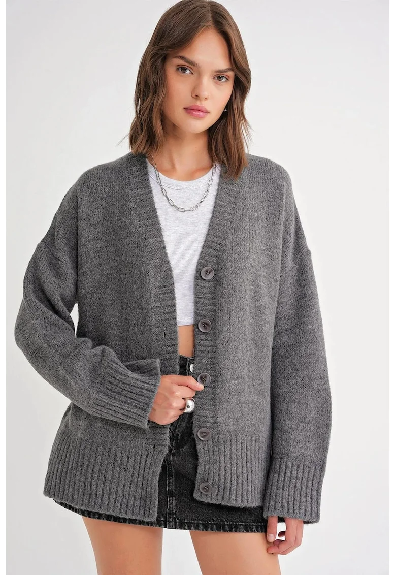 Cardigan dama,  decolteu in V, gri inchis, tricot,