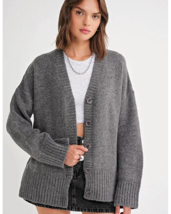 Cardigan dama,  decolteu in V, gri inchis, tricot,