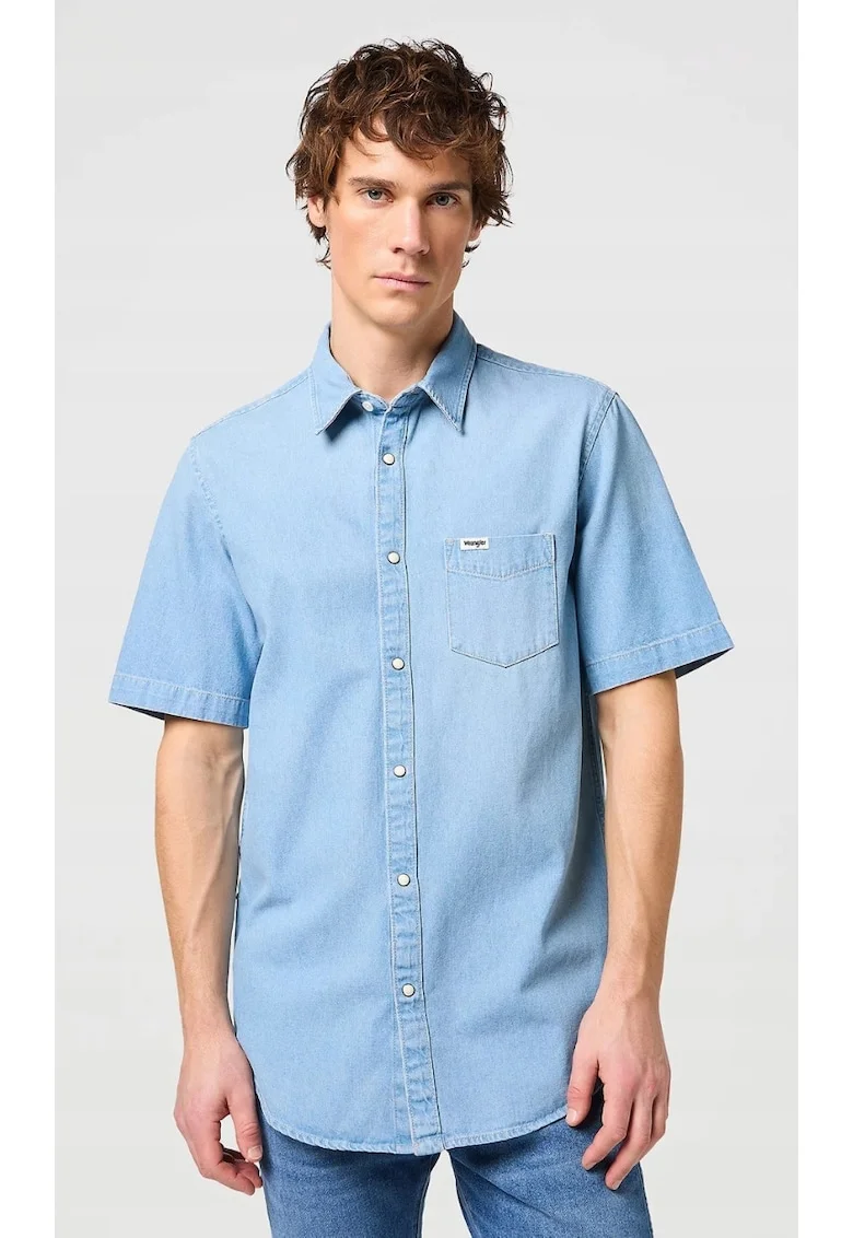 Camasa barbati,  cu un buzunar, albastru, bumbac, maneca scurta, croiala regular fit,