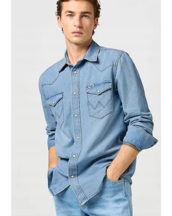 Camasa barbati,  denim, albastru, bumbac, maneca scurta, regular fit, Albastru