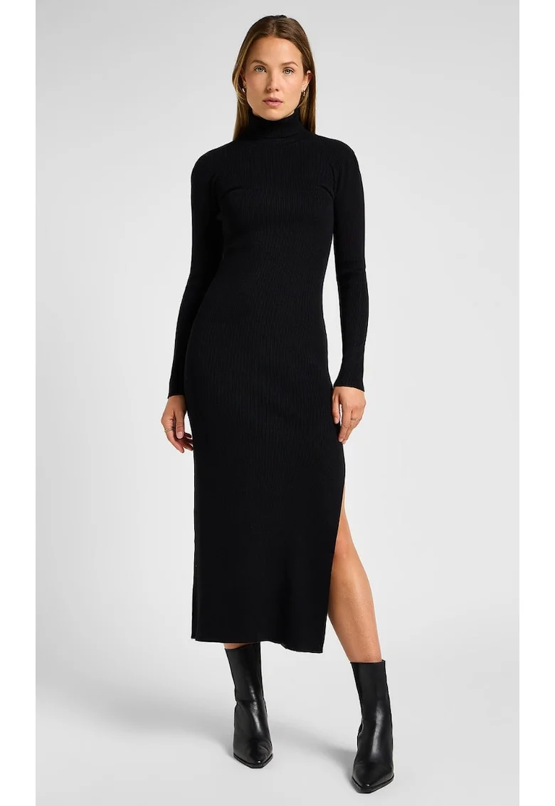 Rochie  mulata, cu guler inalt si slit, neagra, bumbac,