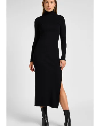 Rochie  mulata, cu guler inalt si slit, neagra, bumbac,
